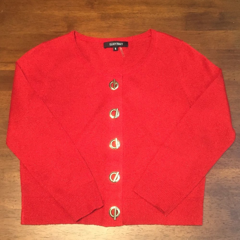 Ellen Tracy Red Metallic Cropped Sweater Top